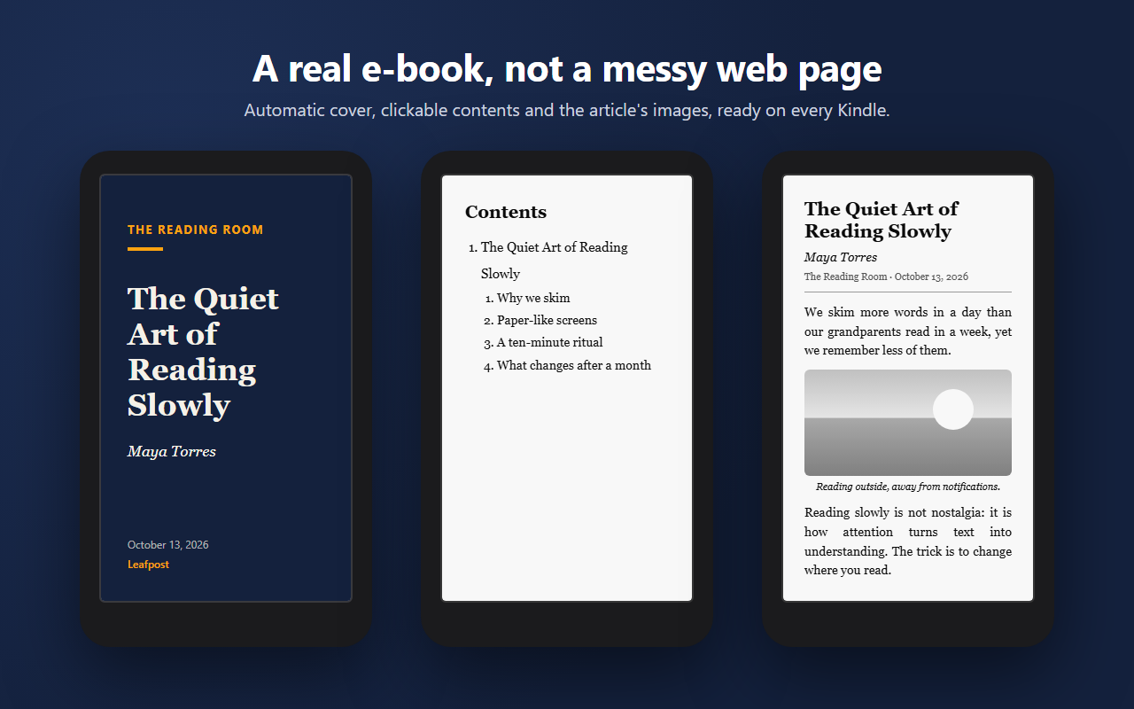 An article sent with Leafpost on a Kindle: cover, table of contents and a page with an image